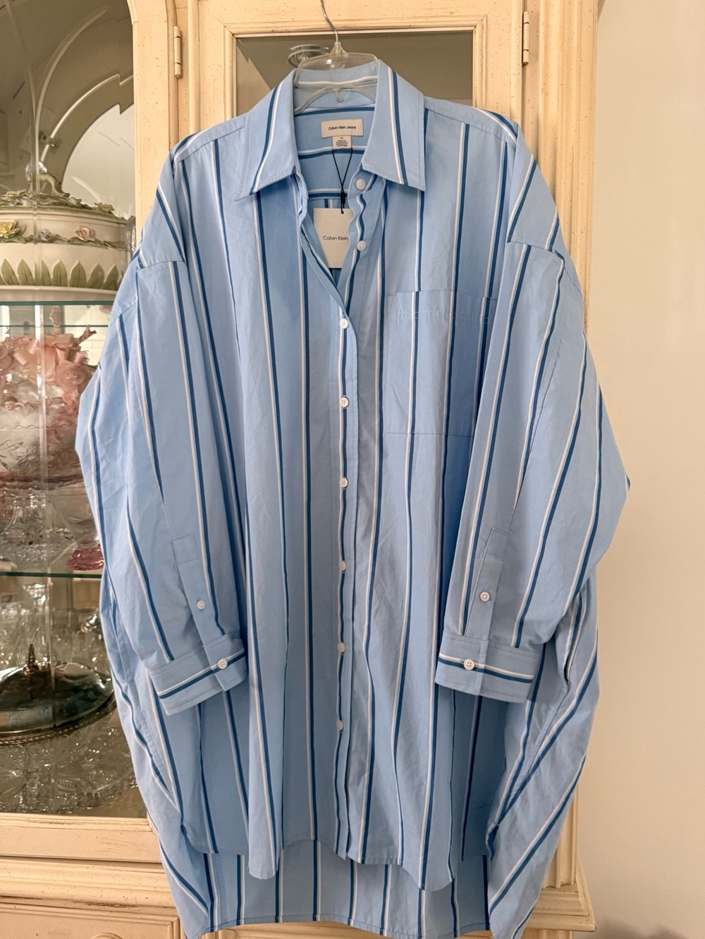 New 💙Calvin Klein Light Blue and Navy Striped Shirt Dress size L - Picture 11 of 14